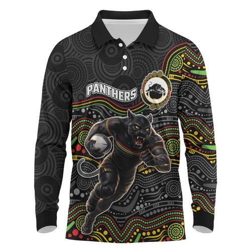 Custom Panthers Long Sleeve Polo Shirt Warrior Mascot With Aboriginal Indigenous