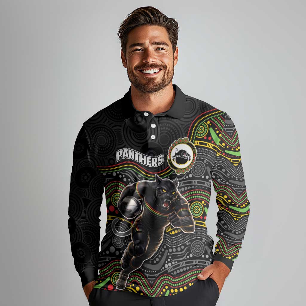 Custom Panthers Long Sleeve Polo Shirt Warrior Mascot With Aboriginal Indigenous