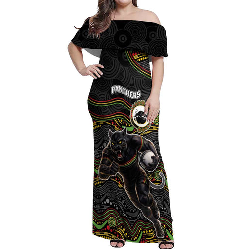 Custom Panthers Off Shoulder Maxi Dress Warrior Mascot With Aboriginal Indigenous