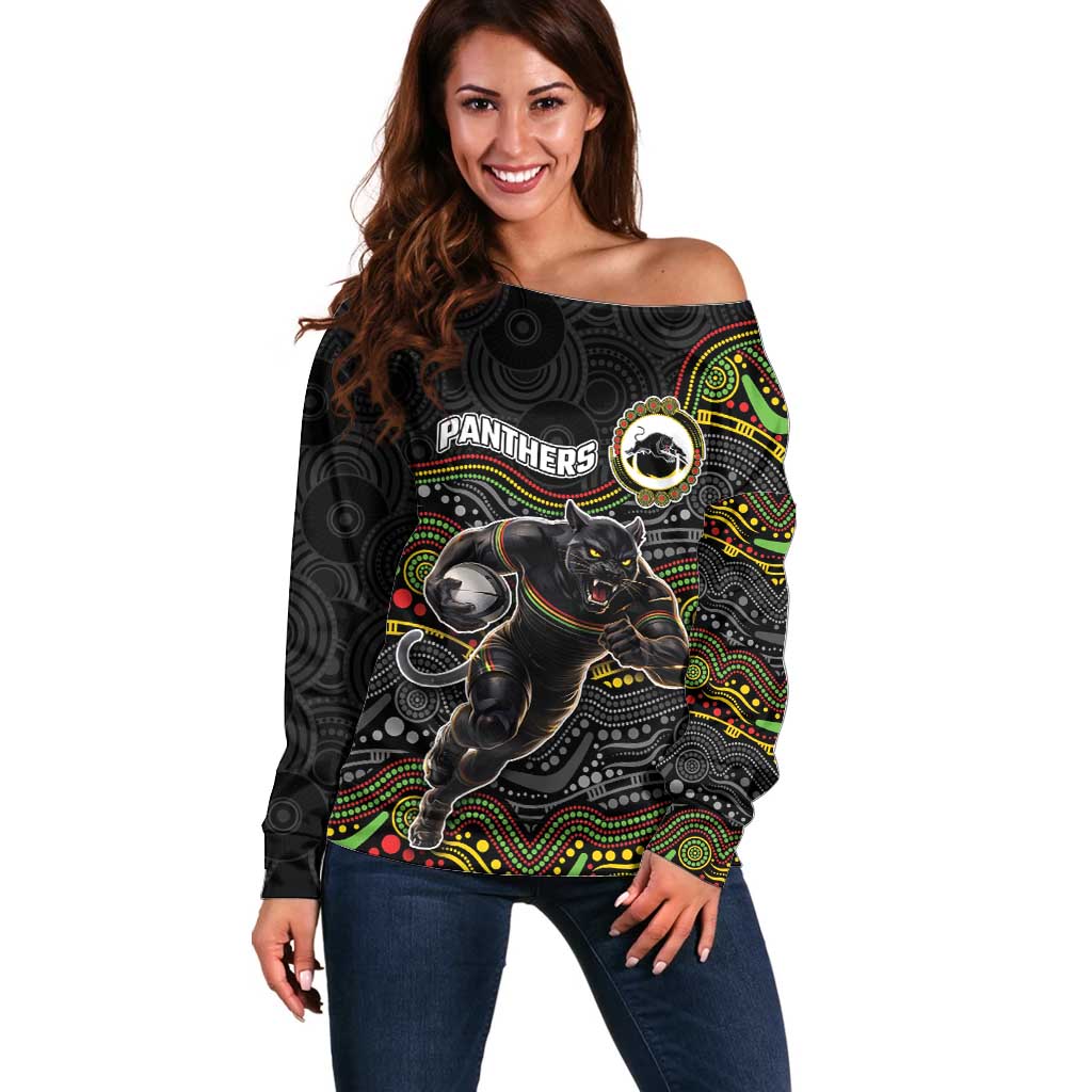 Custom Panthers Off Shoulder Sweater Warrior Mascot With Aboriginal Indigenous