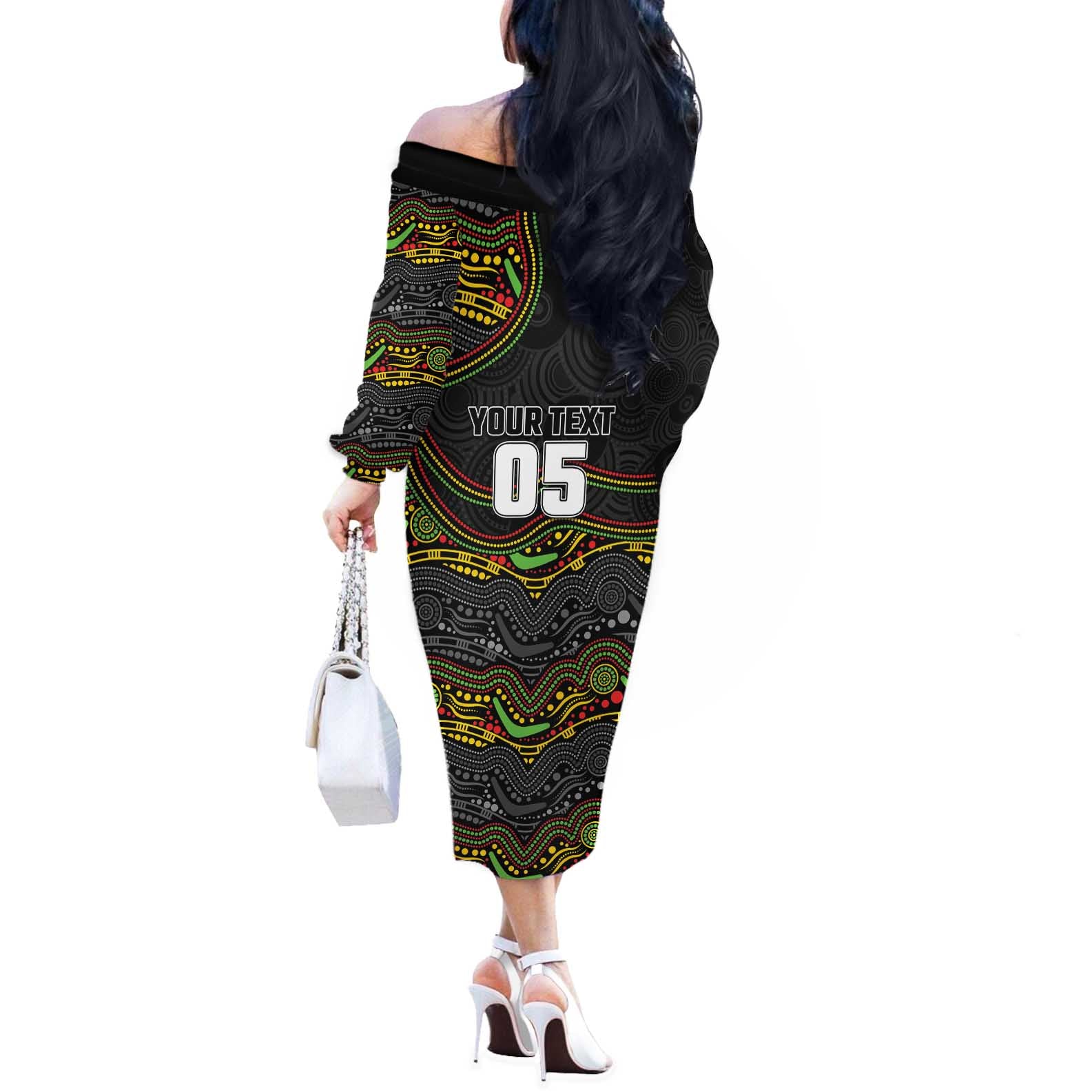 Custom Panthers Off The Shoulder Long Sleeve Dress Warrior Mascot With Aboriginal Indigenous