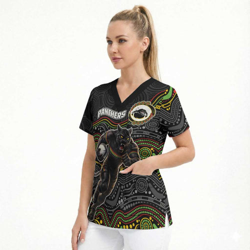 Custom Panthers Scrub Top Warrior Mascot With Aboriginal Indigenous