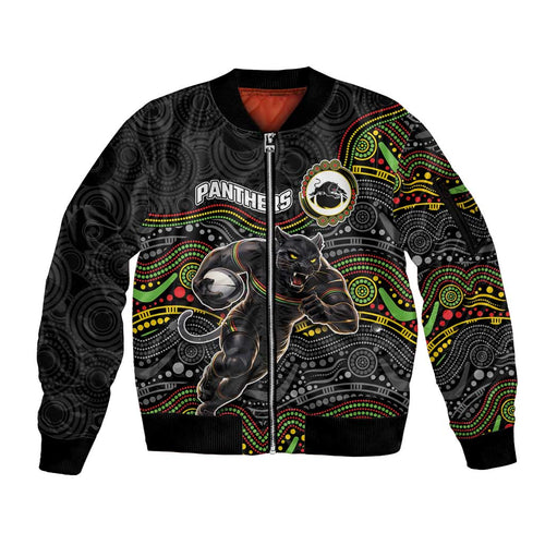 Custom Panthers Sleeve Zip Bomber Jacket Warrior Mascot With Aboriginal Indigenous