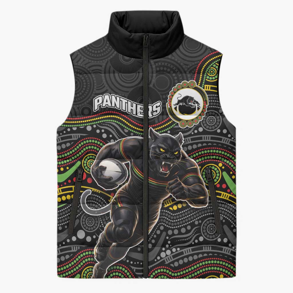 Custom Panthers Sleeveless Puffer Jacket Warrior Mascot With Aboriginal Indigenous