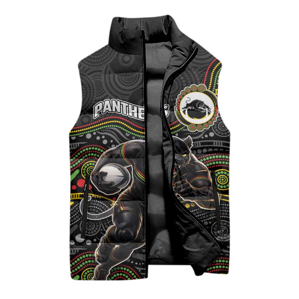 Custom Panthers Sleeveless Puffer Jacket Warrior Mascot With Aboriginal Indigenous