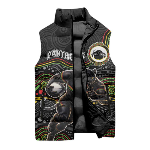 Custom Panthers Sleeveless Puffer Jacket Warrior Mascot With Aboriginal Indigenous