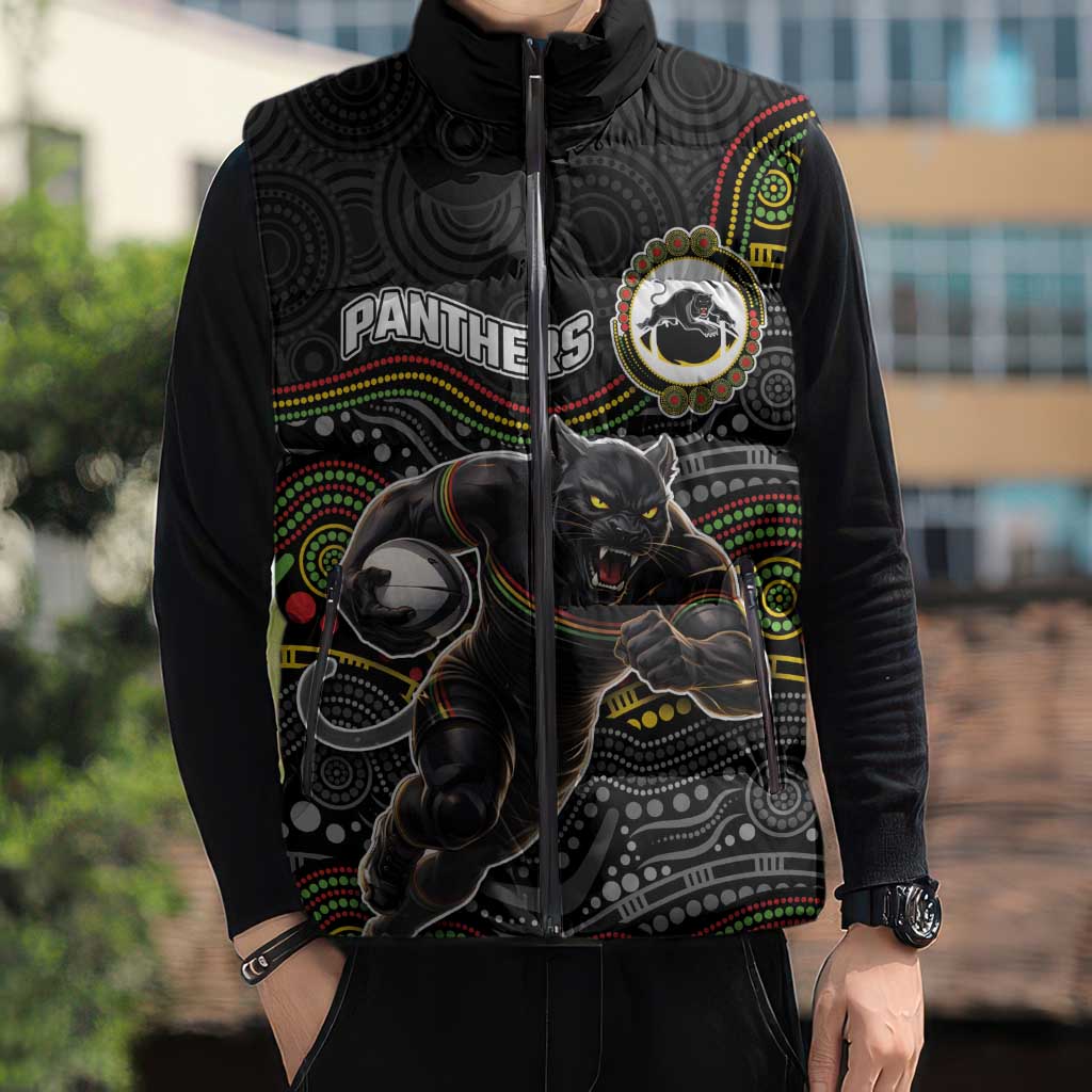 Custom Panthers Sleeveless Puffer Jacket Warrior Mascot With Aboriginal Indigenous
