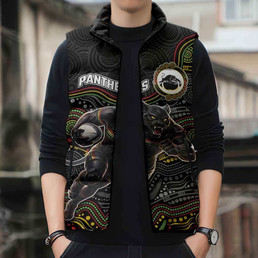 Custom Panthers Sleeveless Puffer Jacket Warrior Mascot With Aboriginal Indigenous