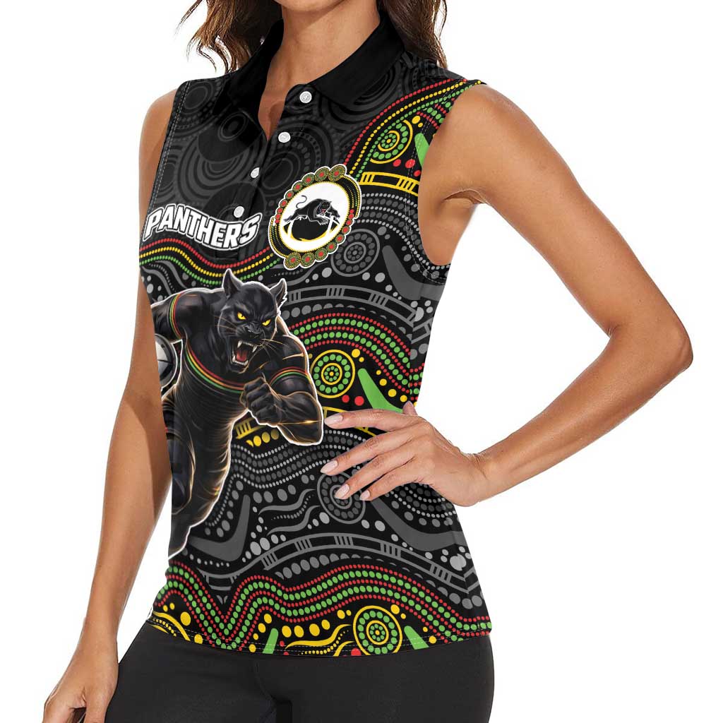 Custom Panthers Women Sleeveless Polo Shirt Warrior Mascot With Aboriginal Indigenous
