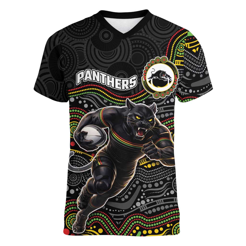 Custom Panthers Women V-Neck T-Shirt Warrior Mascot With Aboriginal Indigenous