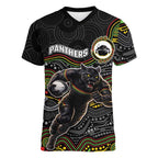 Custom Panthers Women V-Neck T-Shirt Warrior Mascot With Aboriginal Indigenous
