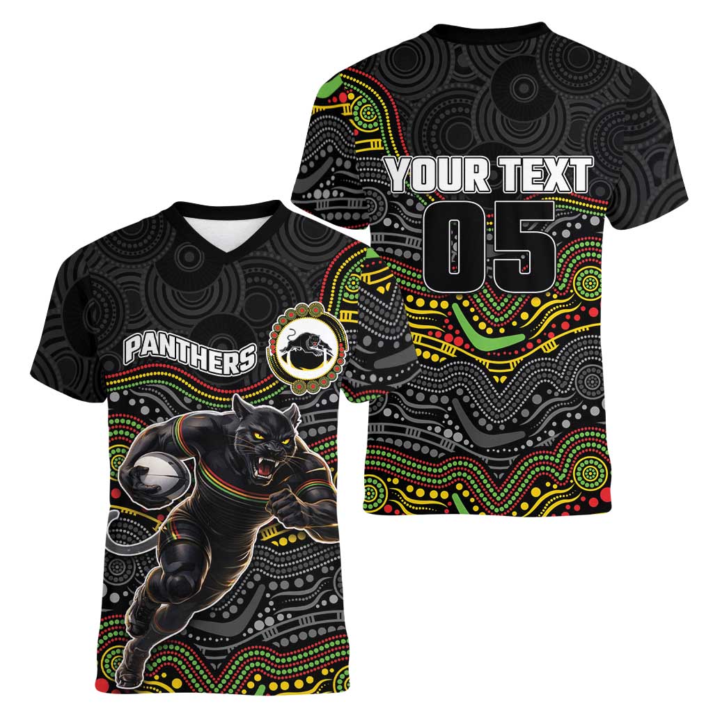 Custom Panthers Women V-Neck T-Shirt Warrior Mascot With Aboriginal Indigenous