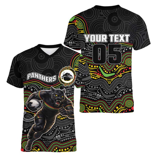 Custom Panthers Women V-Neck T-Shirt Warrior Mascot With Aboriginal Indigenous