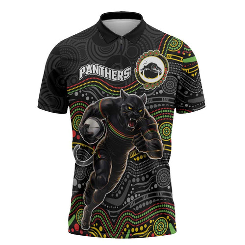 Custom Panthers Zipper Polo Shirt Warrior Mascot With Aboriginal Indigenous