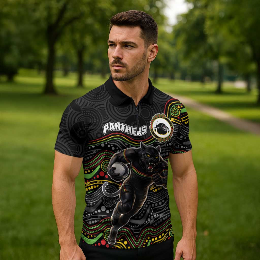 Custom Panthers Zipper Polo Shirt Warrior Mascot With Aboriginal Indigenous
