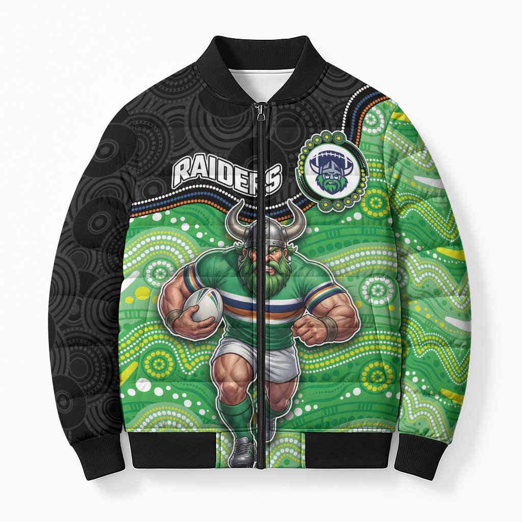 Custom Raiders Bomber Puffer Jacket Viking Mascot With Aboriginal Indigenous