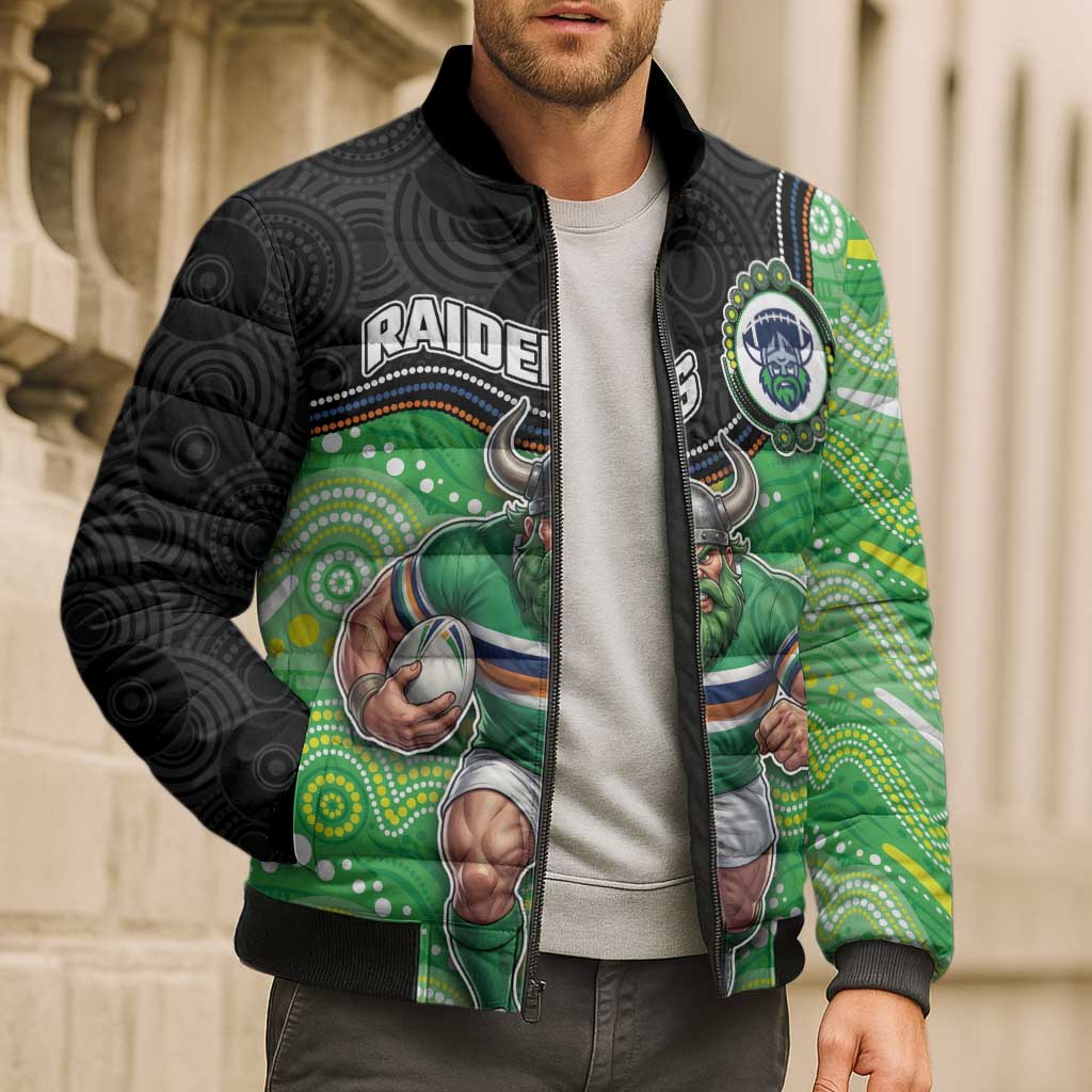 Custom Raiders Bomber Puffer Jacket Viking Mascot With Aboriginal Indigenous