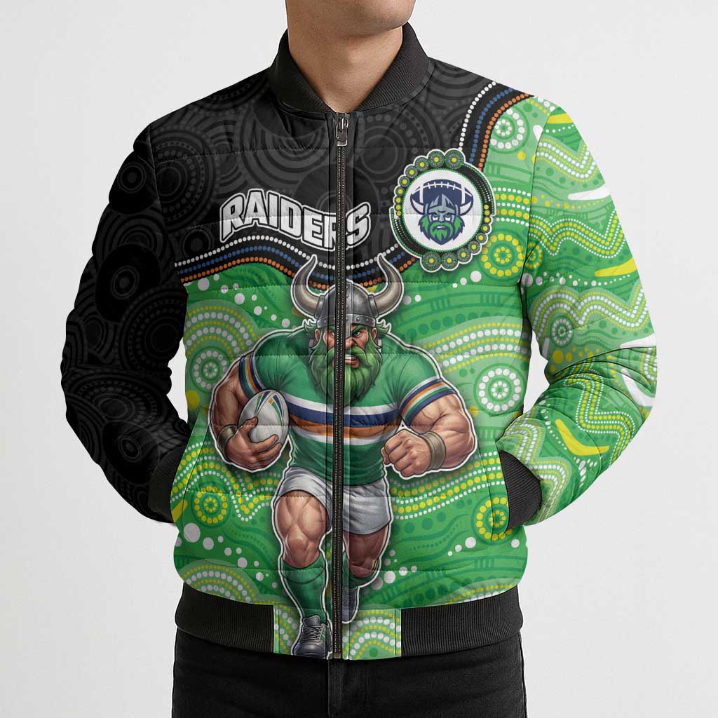 Custom Raiders Bomber Puffer Jacket Viking Mascot With Aboriginal Indigenous