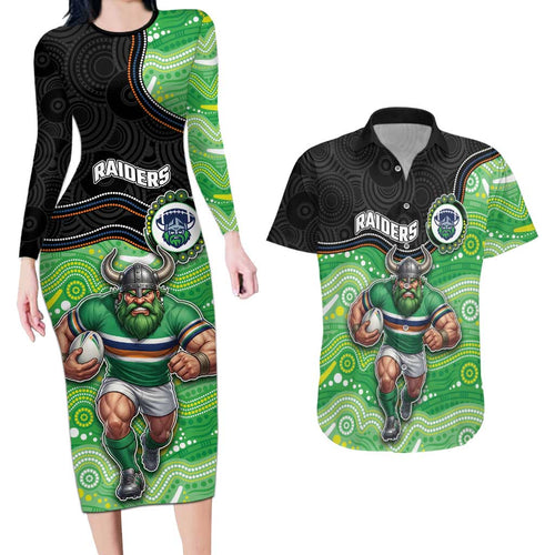 Custom Raiders Couples Matching Long Sleeve Bodycon Dress and Hawaiian Shirt Viking Mascot With Aboriginal Indigenous