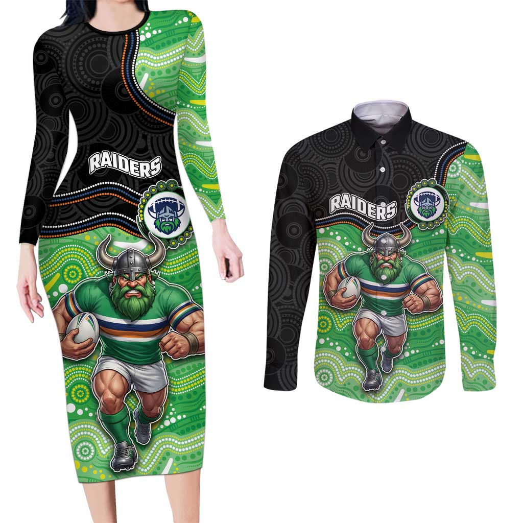 Custom Raiders Couples Matching Long Sleeve Bodycon Dress and Long Sleeve Button Shirt Viking Mascot With Aboriginal Indigenous