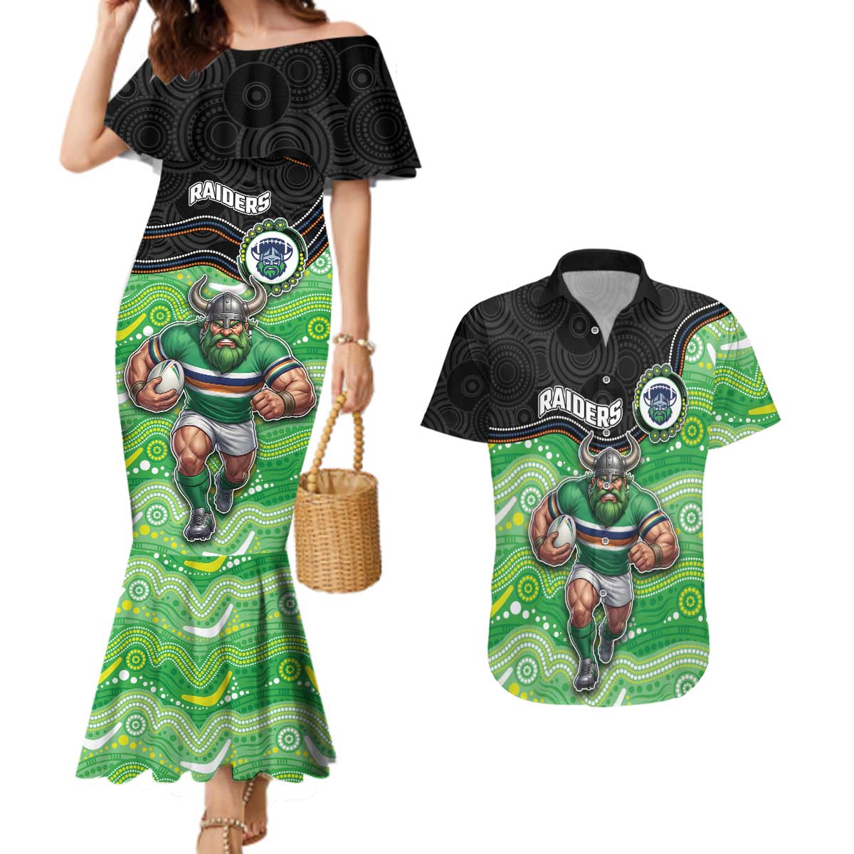 Custom Raiders Couples Matching Mermaid Dress and Hawaiian Shirt Viking Mascot With Aboriginal Indigenous