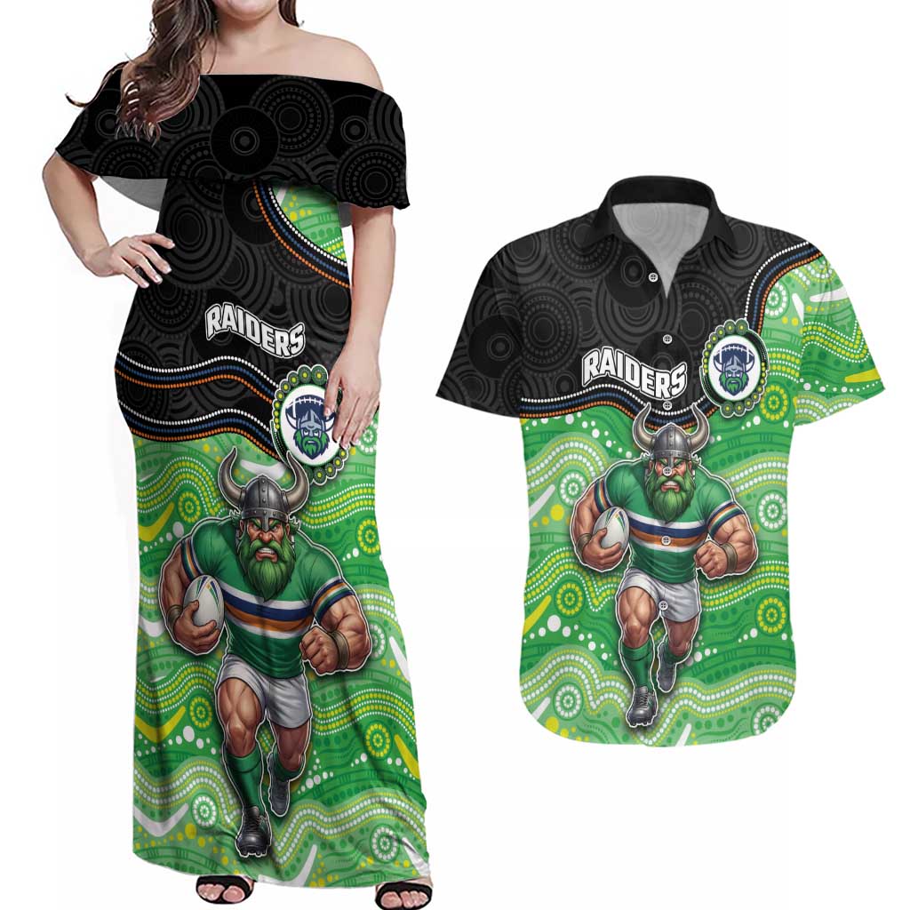 Custom Raiders Couples Matching Off Shoulder Maxi Dress and Hawaiian Shirt Viking Mascot With Aboriginal Indigenous