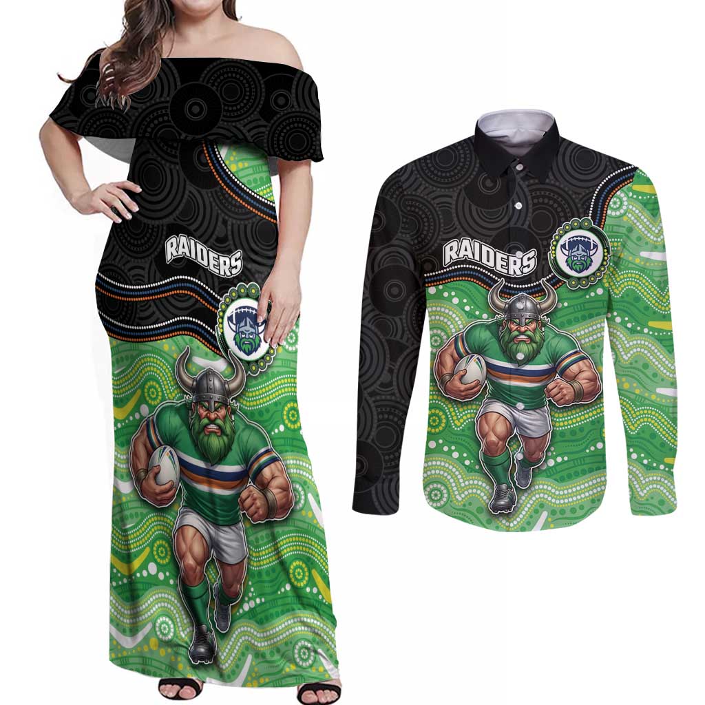 Custom Raiders Couples Matching Off Shoulder Maxi Dress and Long Sleeve Button Shirt Viking Mascot With Aboriginal Indigenous