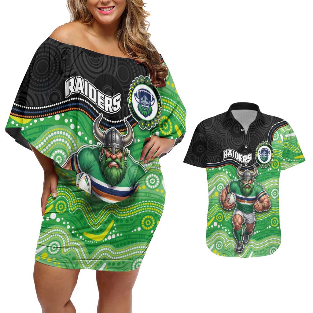 Custom Raiders Couples Matching Off Shoulder Short Dress and Hawaiian Shirt Viking Mascot With Aboriginal Indigenous