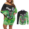 Custom Raiders Couples Matching Off Shoulder Short Dress and Long Sleeve Button Shirt Viking Mascot With Aboriginal Indigenous