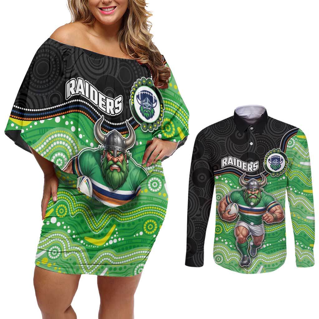 Custom Raiders Couples Matching Off Shoulder Short Dress and Long Sleeve Button Shirt Viking Mascot With Aboriginal Indigenous