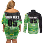 Custom Raiders Couples Matching Off Shoulder Short Dress and Long Sleeve Button Shirt Viking Mascot With Aboriginal Indigenous