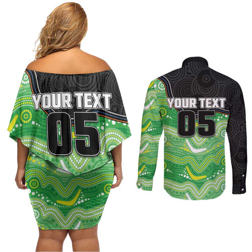 Custom Raiders Couples Matching Off Shoulder Short Dress and Long Sleeve Button Shirt Viking Mascot With Aboriginal Indigenous