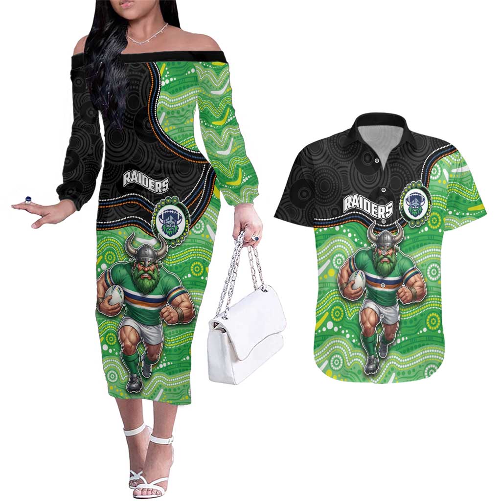 Custom Raiders Couples Matching Off The Shoulder Long Sleeve Dress and Hawaiian Shirt Viking Mascot With Aboriginal Indigenous