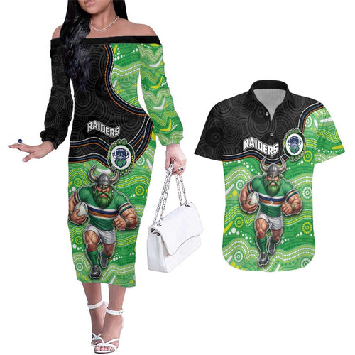 Custom Raiders Couples Matching Off The Shoulder Long Sleeve Dress and Hawaiian Shirt Viking Mascot With Aboriginal Indigenous
