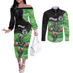 Custom Raiders Couples Matching Off The Shoulder Long Sleeve Dress and Long Sleeve Button Shirt Viking Mascot With Aboriginal Indigenous