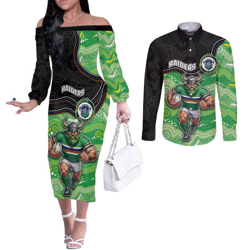 Custom Raiders Couples Matching Off The Shoulder Long Sleeve Dress and Long Sleeve Button Shirt Viking Mascot With Aboriginal Indigenous