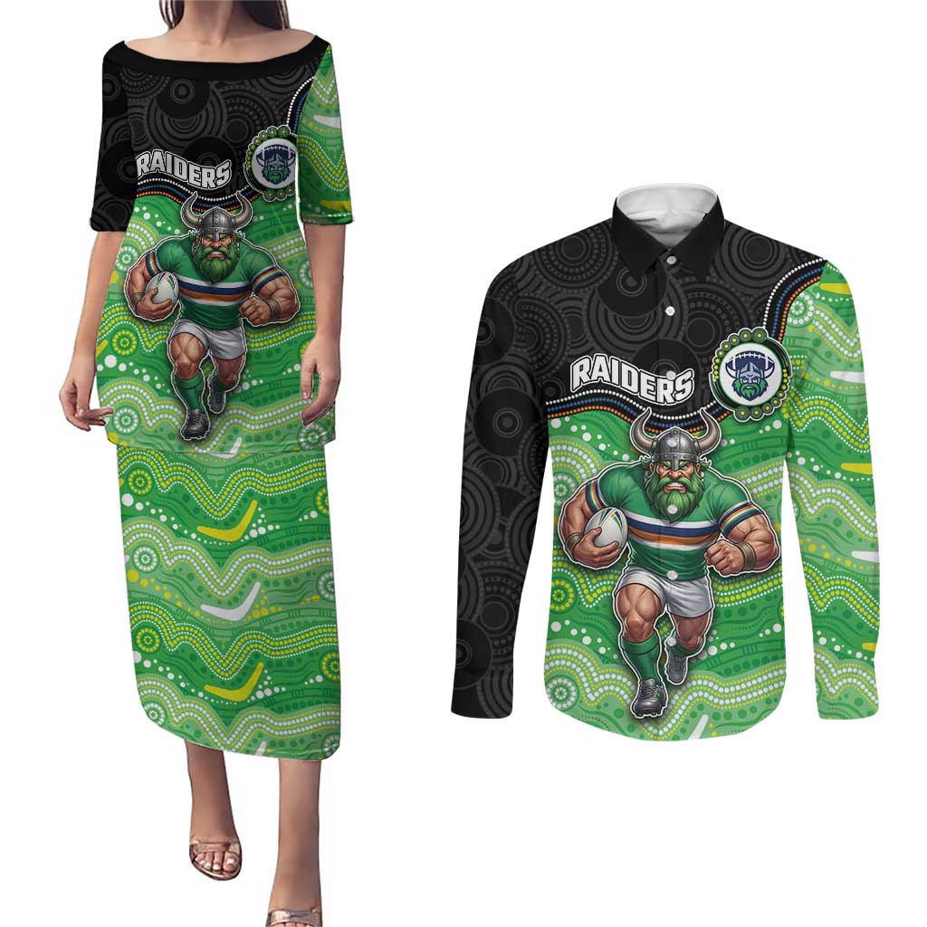 Custom Raiders Couples Matching Puletasi and Long Sleeve Button Shirt Viking Mascot With Aboriginal Indigenous