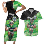 Custom Raiders Couples Matching Short Sleeve Bodycon Dress and Hawaiian Shirt Viking Mascot With Aboriginal Indigenous