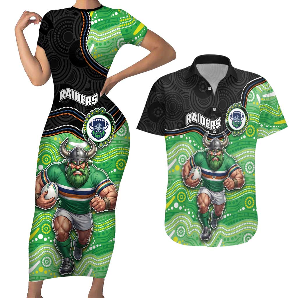 Custom Raiders Couples Matching Short Sleeve Bodycon Dress and Hawaiian Shirt Viking Mascot With Aboriginal Indigenous