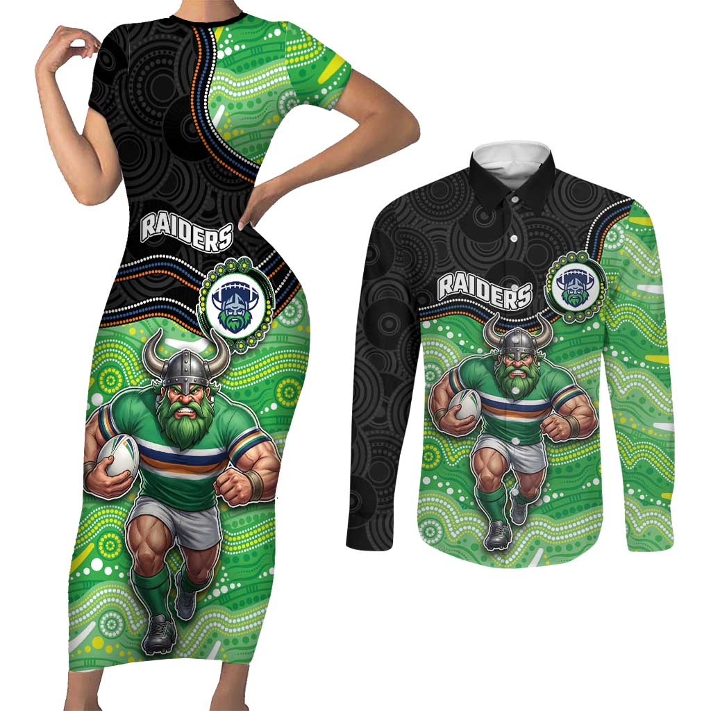 Custom Raiders Couples Matching Short Sleeve Bodycon Dress and Long Sleeve Button Shirt Viking Mascot With Aboriginal Indigenous