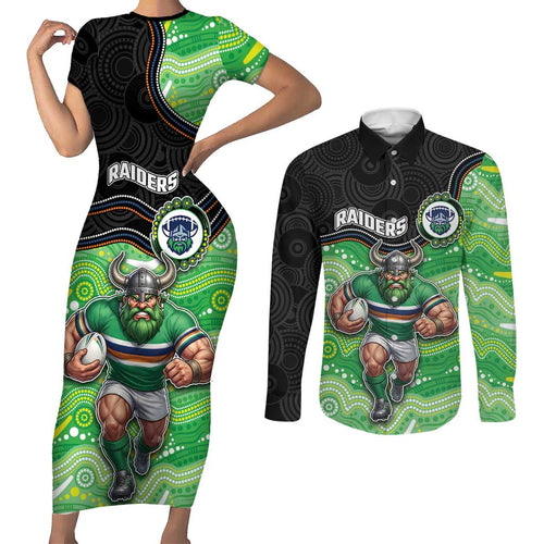 Custom Raiders Couples Matching Short Sleeve Bodycon Dress and Long Sleeve Button Shirt Viking Mascot With Aboriginal Indigenous