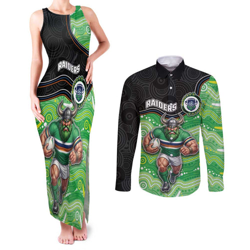 Custom Raiders Couples Matching Tank Maxi Dress and Long Sleeve Button Shirt Viking Mascot With Aboriginal Indigenous