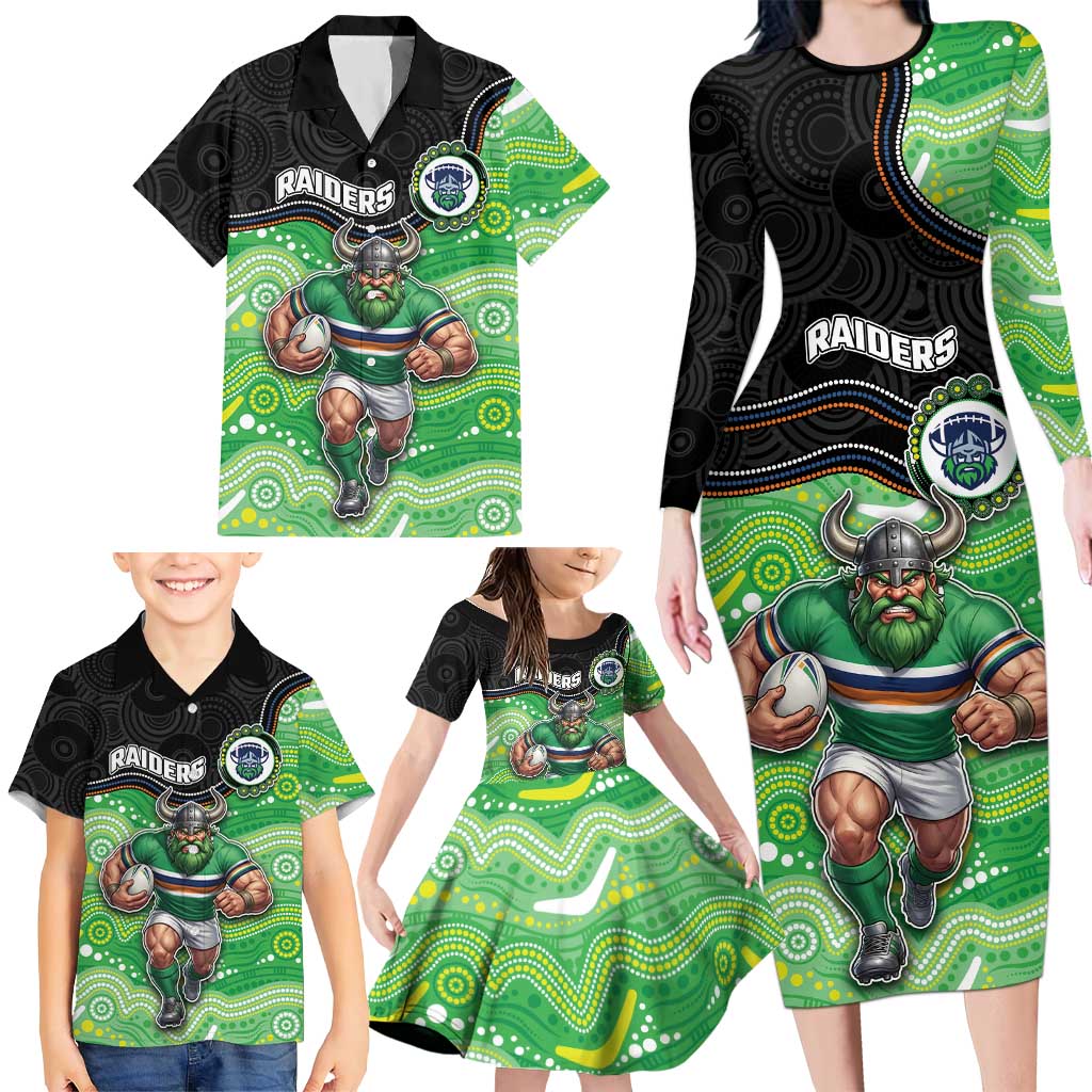 Custom Raiders Family Matching Long Sleeve Bodycon Dress and Hawaiian Shirt Viking Mascot With Aboriginal Indigenous