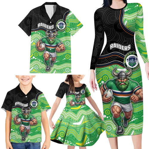 Custom Raiders Family Matching Long Sleeve Bodycon Dress and Hawaiian Shirt Viking Mascot With Aboriginal Indigenous
