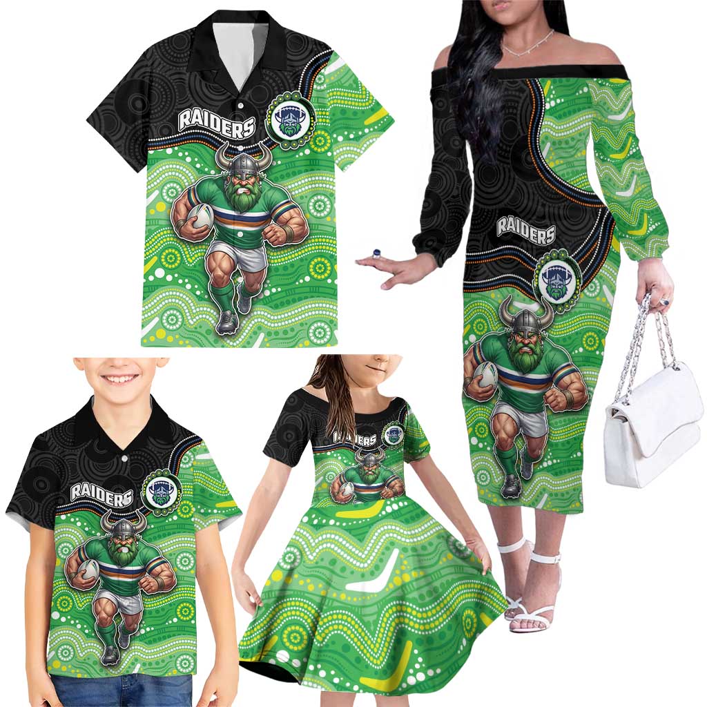 Custom Raiders Family Matching Off The Shoulder Long Sleeve Dress and Hawaiian Shirt Viking Mascot With Aboriginal Indigenous