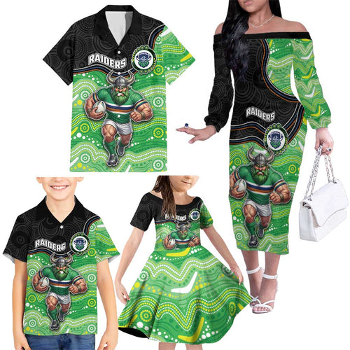 Custom Raiders Family Matching Off The Shoulder Long Sleeve Dress and Hawaiian Shirt Viking Mascot With Aboriginal Indigenous