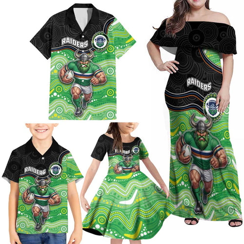 Custom Raiders Family Matching Off Shoulder Maxi Dress and Hawaiian Shirt Viking Mascot With Aboriginal Indigenous