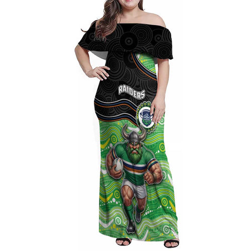 Custom Raiders Family Matching Off Shoulder Maxi Dress and Hawaiian Shirt Viking Mascot With Aboriginal Indigenous