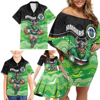 Custom Raiders Family Matching Off Shoulder Short Dress and Hawaiian Shirt Viking Mascot With Aboriginal Indigenous