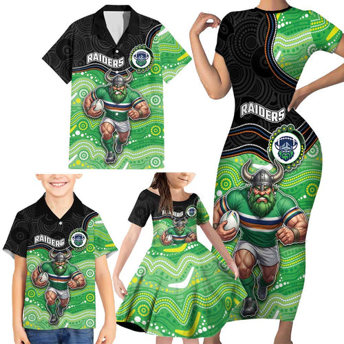 Custom Raiders Family Matching Short Sleeve Bodycon Dress and Hawaiian Shirt Viking Mascot With Aboriginal Indigenous
